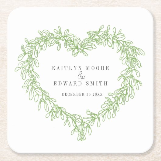 Mistletoe line art green winter bruiloft custom kartonnen onderzetters (Voorkant)
