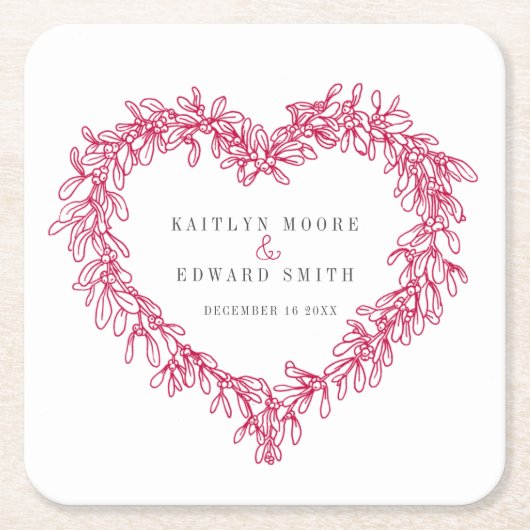 Mistletoe line art red winter bruiloft douane kartonnen onderzetters (Voorkant)