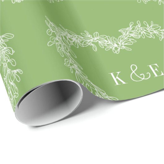 Mistletoe line art tekening monogram groen wit cadeaupapier (Rol Hoek)