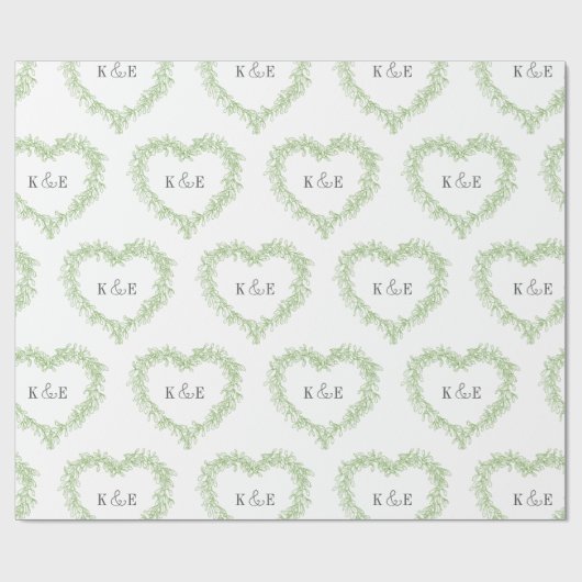 Mistletoe line art tekening monogram groen wit cadeaupapier (Vlak)