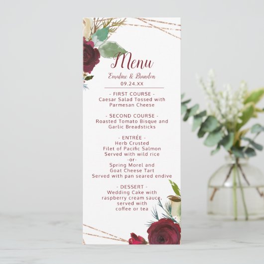 Mistletoe Manor Waterverf Lush Winter Roos Diner Menu (Staand voorkant)