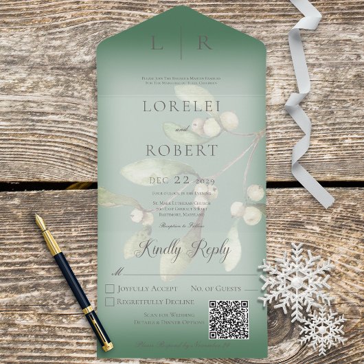 Mistletoe Modern Pine Green QR Code All In One Uitnodiging