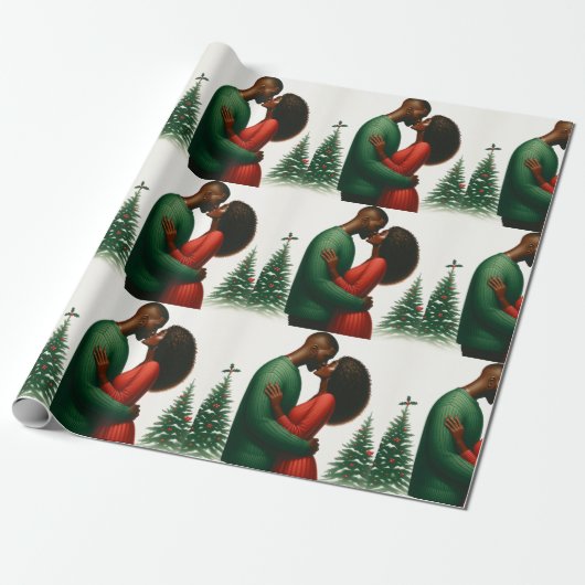 Mistletoe Moments 1 - Zwarte mensen Kerstpapier Cadeaupapier (Uitgerold)