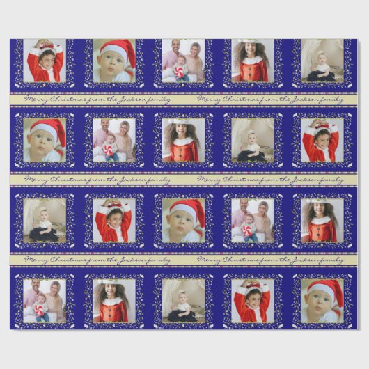 Mistletoe partridge streept blauwe kerstfoto cadeaupapier (Vlak)