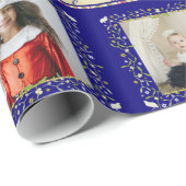 Mistletoe partridge streept blauwe kerstfoto cadeaupapier (Rol Hoek)