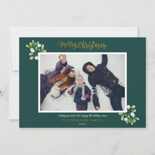 Mistletoe Photo Gold Script Vrolijk Kerstfeest Feestdagenkaart (Voorkant)