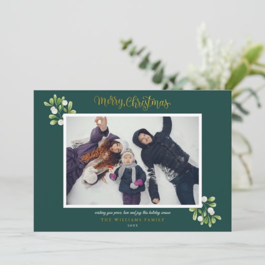 Mistletoe Photo Gold Script Vrolijk Kerstfeest Feestdagenkaart (Staand voorkant)