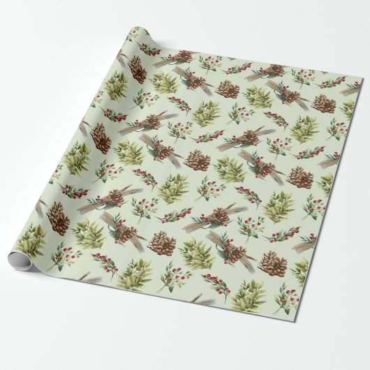 Mistletoe Pine Green Leaves Cadeaupapier (Uitgerold)