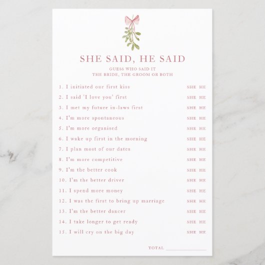 Mistletoe Pink Bow Bridal Shower She Said He Said (Voorkant)