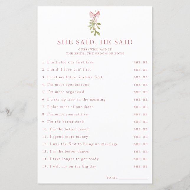 Mistletoe Pink Bow Bridal Shower She Said He Said (Voorkant)