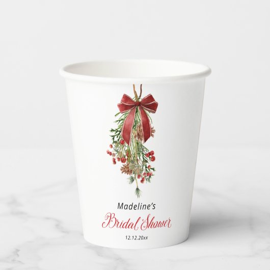 Mistletoe Red Bow Festive Bridal Shower Papieren Bekers (Achterkant)
