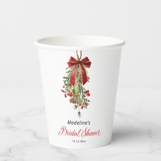 Mistletoe Red Bow Festive Bridal Shower Papieren Bekers (Voorkant)