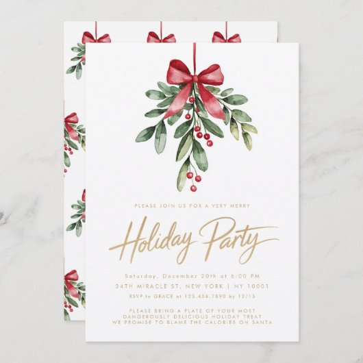 Mistletoe Red Bow kerstfeest uitnodigt Kaart (Voorkant / Achterkant)