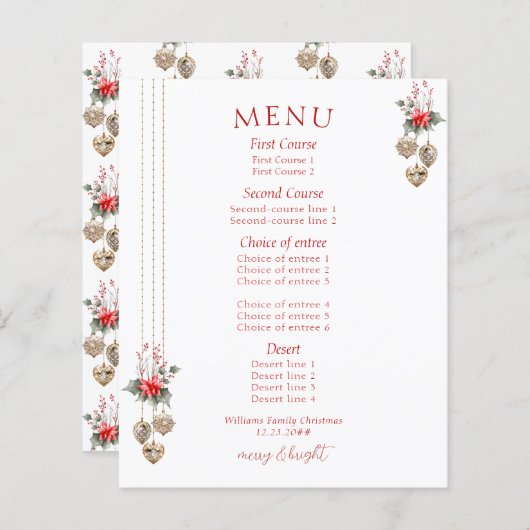 Mistletoe Red Posh Christmas Dinner Party Menu (Voorkant / Achterkant)