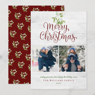 Mistletoe Rustic Wood Kerst 2 Foto Feestdagenkaart