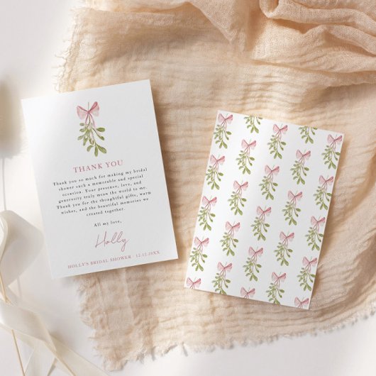 Mistletoe Stof Roze Strik Bruidsdouche Bedankkaart