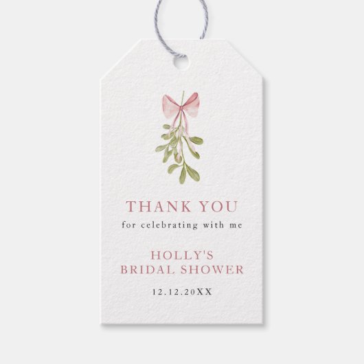 Mistletoe Stof Roze Strik Bruidsdouche Cadeaulabel (Voorkant)