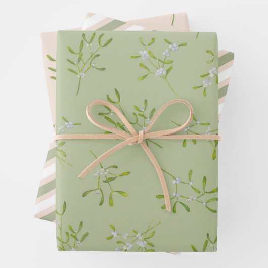 Mistletoe Stripes Green Eggnog Inpakpapier Vel (In situ)