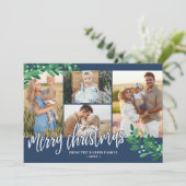 Mistletoe Twigs Navy Photo Collage Merry Kerstmis Feestdagenkaart (Staand voorkant)