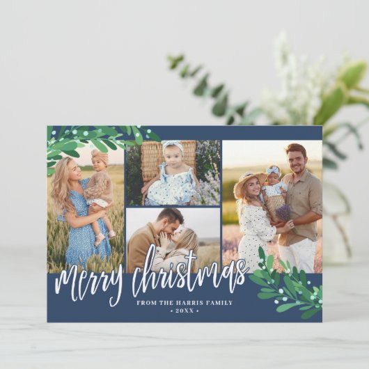 Mistletoe Twigs Navy Photo Collage Merry Kerstmis Feestdagenkaart (Staand voorkant)