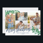 Mistletoe Twigs Photo Collage Merry Kerstmis Feestdagenkaart<br><div class="desc">Foto kerstkaart met foto's met vier foto's en  maretaildraden in groen en bleke blauw. Vrolijk kerstfeest wordt geschreven in een blauw,  charmante kalligrafiescript. Voeg uw familienaam en het jaar in elegante blauwe doopvonten toe. Op de achterzijde is een overeenkomend mistletoe-patroon in wit en marinesurk blauw aangebracht.</div>