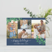 Mistletoe Twigs Photo Collage Navy Prettige feestd Feestdagenkaart (Staand voorkant)