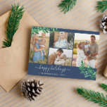 Mistletoe Twigs Photo Collage Navy Prettige feestd Feestdagenkaart<br><div class="desc">Blauwe marinefoto-kerstkaart met een fotocollage met vier foto's en  maîtles in groen en bleek blauw. prettige feestdagen wordt geschreven in een charming wit manuscript. Voeg uw familienaam en het jaar in elegante witte doopvonten toe. De rug kenmerkt een passend mistletoe patroon.</div>