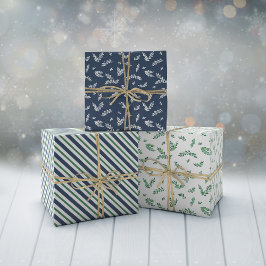 Mistletoe Twigs & Stripes Gemengde Kerstpatronen Inpakpapier Vel