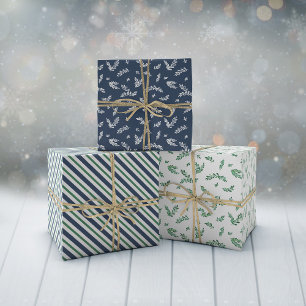 Mistletoe Twigs & Stripes Gemengde Kerstpatronen Inpakpapier Vel