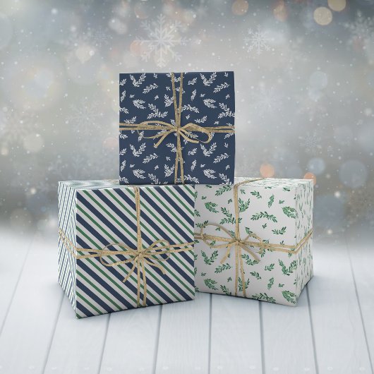 Mistletoe Twigs & Stripes Gemengde Kerstpatronen Inpakpapier Vel