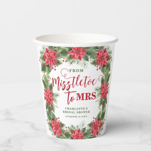 Mistletoe Voor Mrs Winter Poinsettia Bruidsfeest Papieren Bekers (Achterkant)