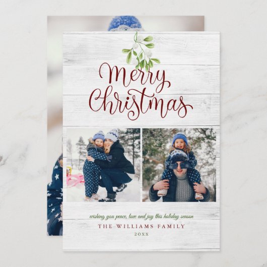 Mistletoe Vrolijk Kerstfeest 3 Foto Rustiek Hout Feestdagenkaart (Voorkant / Achterkant)