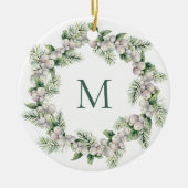 Mistletoe White Berry Monogrammed Krans Kerstmis Keramisch Ornament (Voorkant)