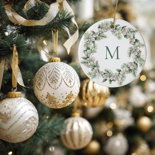 Mistletoe White Berry Monogrammed Krans Kerstmis Keramisch Ornament