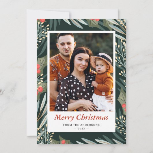 Mistletoe Winter Foliage Merry Kerstmis 2 Foto Feestdagenkaart (Voorkant)