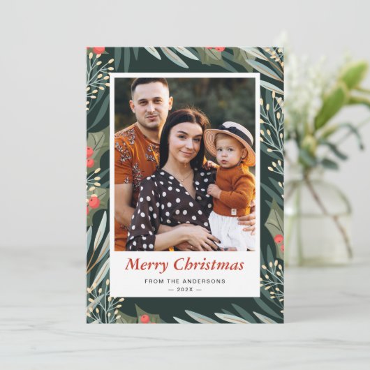 Mistletoe Winter Foliage Merry Kerstmis 2 Foto Feestdagenkaart (Staand voorkant)