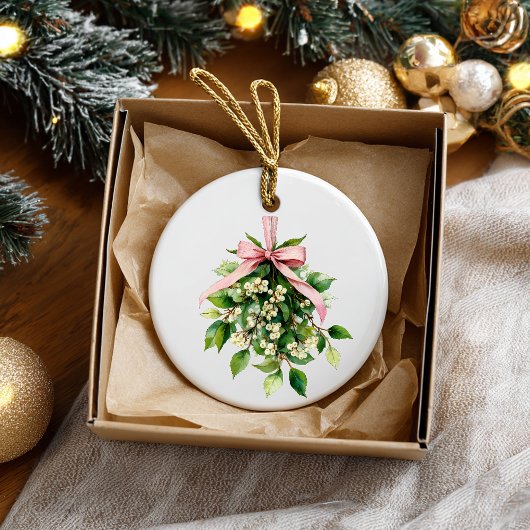 Mistletoe with Pink Ribbon Keramisch Ornament