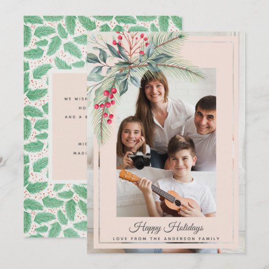 Mistletoe Wreate kerstfamilie Foto Blush Pink Feestdagenkaart (Voorkant / Achterkant)