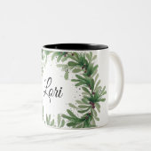 Mistletoe wreath monogram template Two-Tone coffee Tweekleurige Koffiemok (Voorkant rechts)
