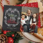 Mistletoes Foto van Merry Kerstrustic Chalkboard Feestdagenkaart<br><div class="desc">'Wishing you a very merry Christmas' kleurrijke groettypografie binnen een gerolde traditioneel Lijst, rustiek kerstkrijtbord met mistletoes Photo Holiday Kaart. Ontworpen door fat*fa*tin. Gemakkelijk aan te passen met uw eigen tekst, foto of afbeelding. Voor aangepaste verzoeken, neem dan rechtstreeks contact op met fat*fa*tin. Aangepaste kosten van toepassing. www.zazzle.com/fat_fa_tin www.zazzle.com/color_therapy www.zazzle.com/fatfatin_blue_knot...</div>