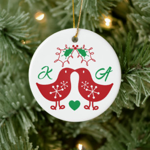 Mistletoes Kissing Chicks Mr. and Mrs. Photo Weddi Keramisch Ornament