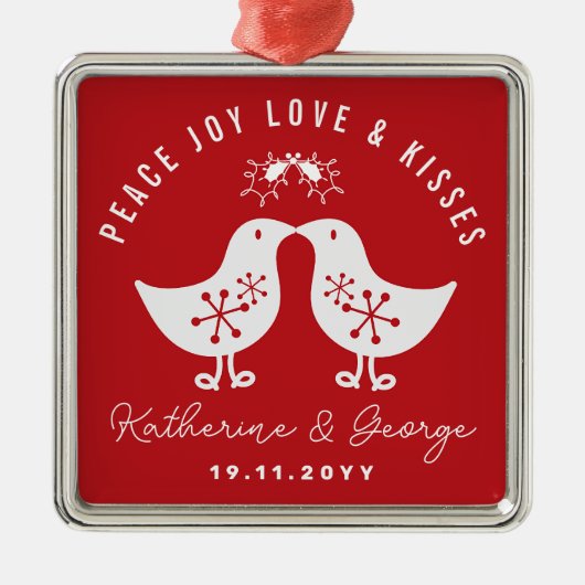 Mistletoes Kissing Chicks Mr. & Mrs. 1st Kerstmis Metalen Ornament (Voorkant)