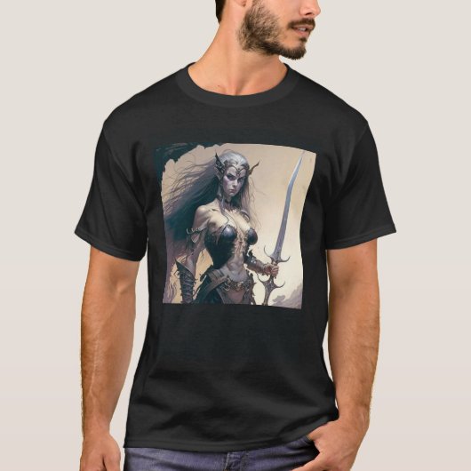 Mistress of the Shadows Female Dark Elf Warrior T-shirt (Voorkant)