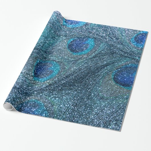 mistroostig blauw glitter peace ock veren cadeaupapier (Uitgerold)
