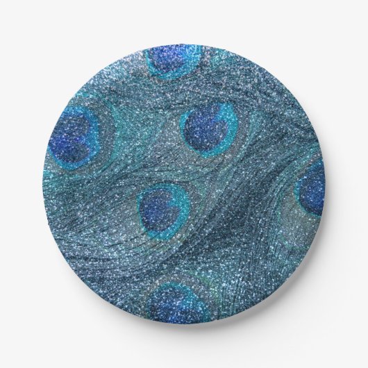 mistroostig blauw glitter peace ock veren papieren bordje (Voorkant)