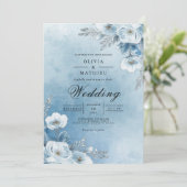 Misty Azure Bloom Wedding Kaart (Staand voorkant)