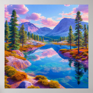 💙 Misty Blau Bergen Meer Bos Serene Wand Poster