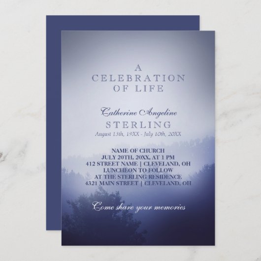 Misty Blue Bossen | Een viering van het leven Kaart (Voorkant / Achterkant)