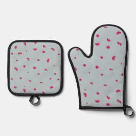 Misty Blue Deep Pink Cosmos Floral Pattern Ovenwant & Pannenlap Set