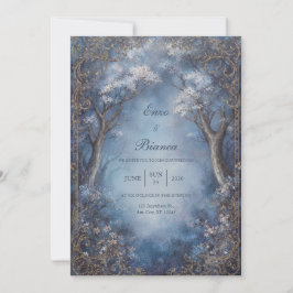 Misty Blue Enchanted Forest Gold Filigree Wedding Kaart